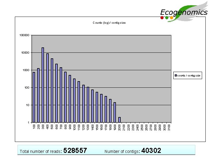 Counts (log) / contig size 100000 1000 counts / contig size 100 Total number