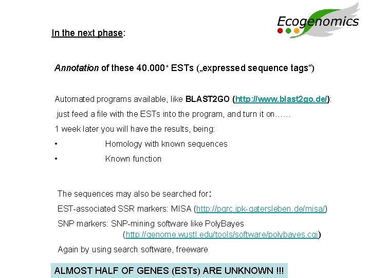 In the next phase: Annotation of these 40. 000+ ESTs („expressed sequence tags“) Automated