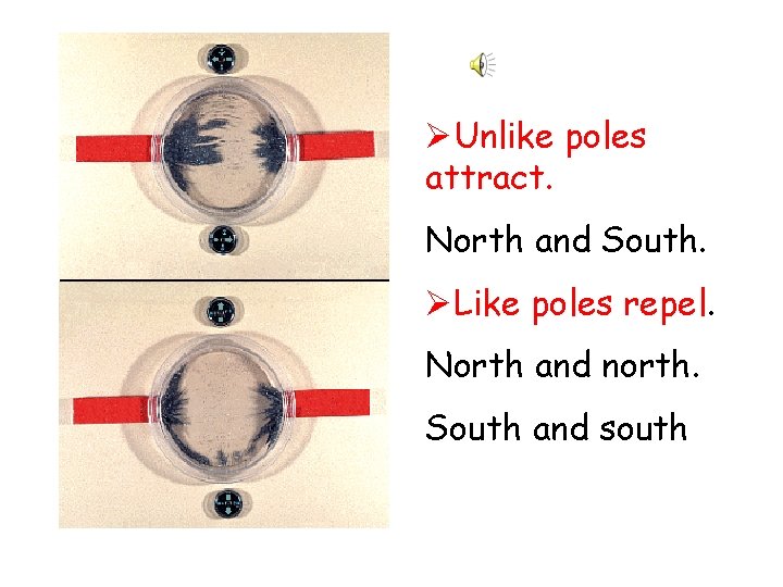 ØUnlike poles attract. North and South. ØLike poles repel. North and north. South and