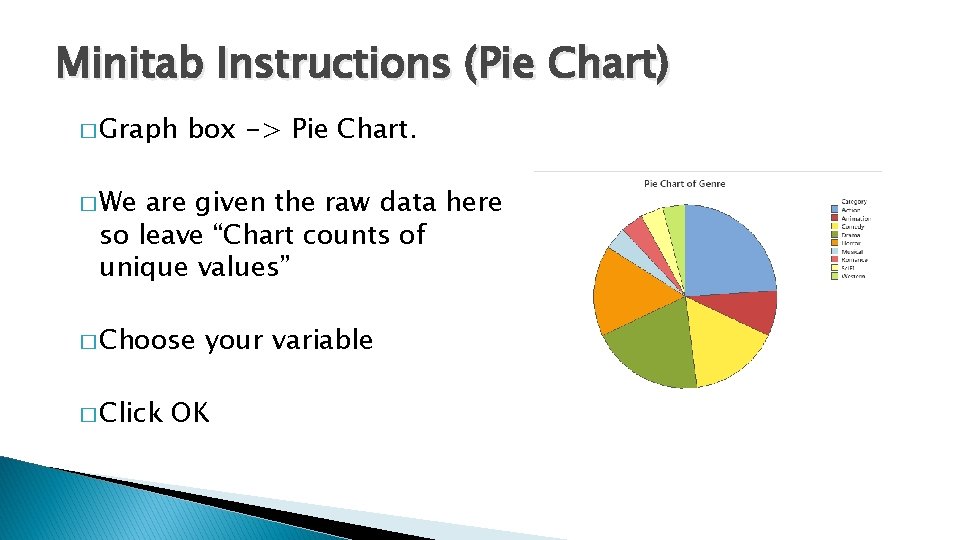 Minitab Instructions (Pie Chart) � Graph box -> Pie Chart. � We are given