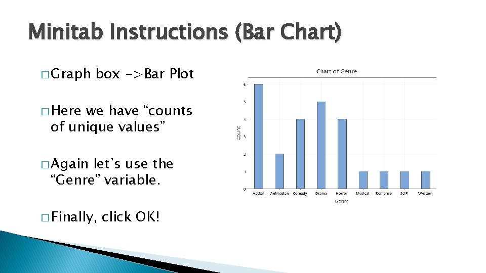 Minitab Instructions (Bar Chart) � Graph box ->Bar Plot � Here we have “counts