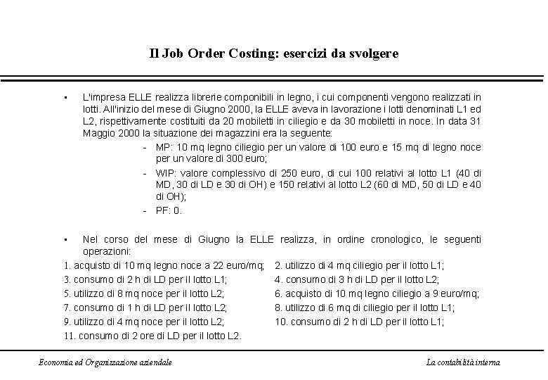 Il Job Order Costing: esercizi da svolgere • L'impresa ELLE realizza librerie componibili in