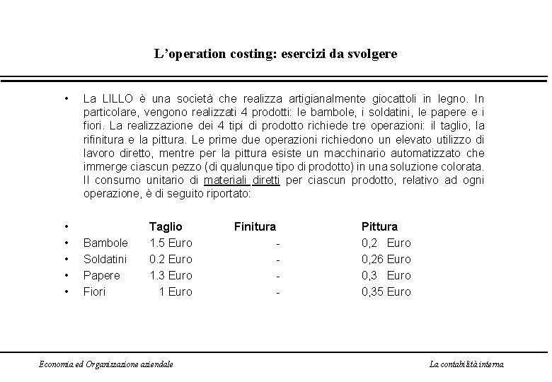 L’operation costing: esercizi da svolgere • • • La LILLO è una società che