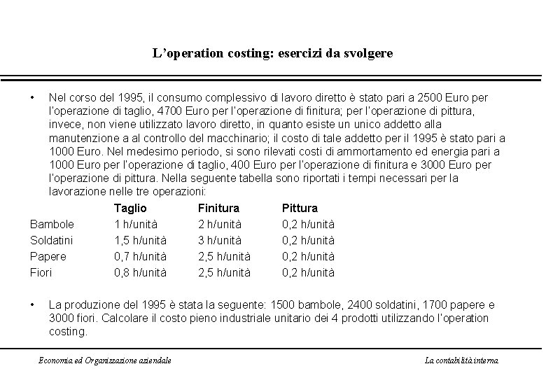 L’operation costing: esercizi da svolgere • Nel corso del 1995, il consumo complessivo di