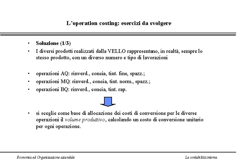 L’operation costing: esercizi da svolgere • • Soluzione (1/3) I diversi prodotti realizzati dalla