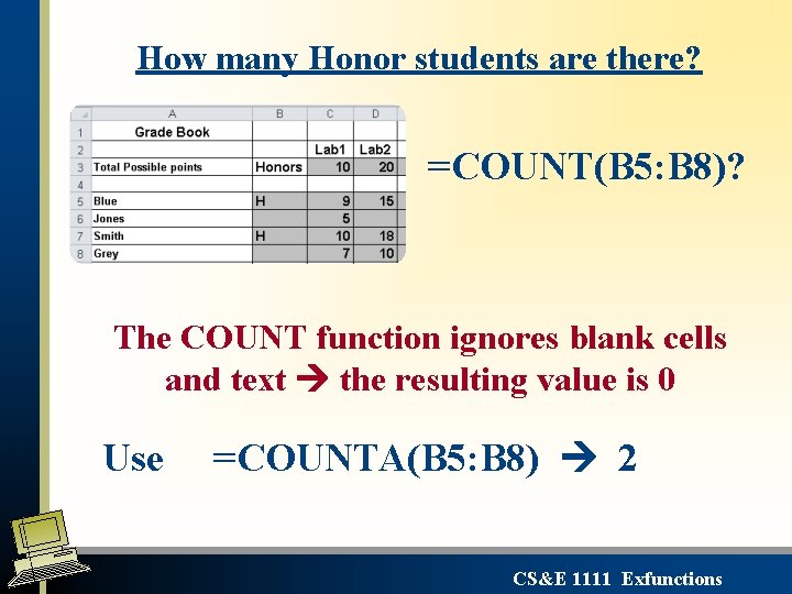How many Honor students are there? =COUNT(B 5: B 8)? The COUNT function ignores