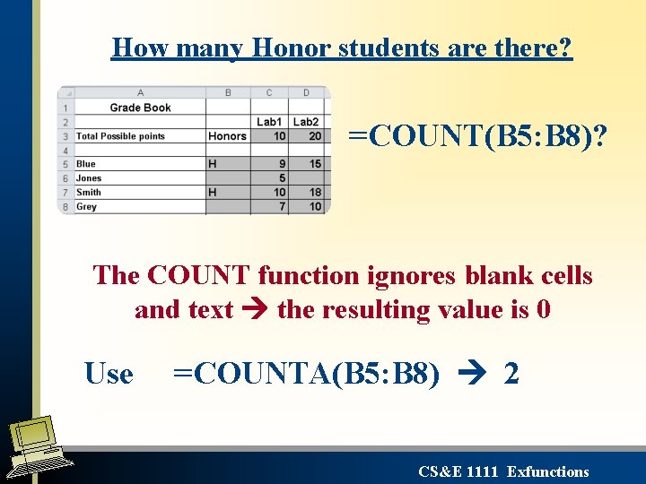 How many Honor students are there? =COUNT(B 5: B 8)? The COUNT function ignores How many Honor students are there? =COUNT(B 5: B 8)? The COUNT function ignores