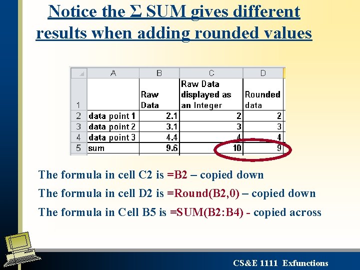 Notice the Σ SUM gives different results when adding rounded values The formula in