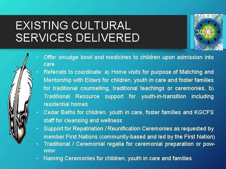 EXISTING CULTURAL SERVICES DELIVERED 30 • Offer smudge bowl and medicines to children upon