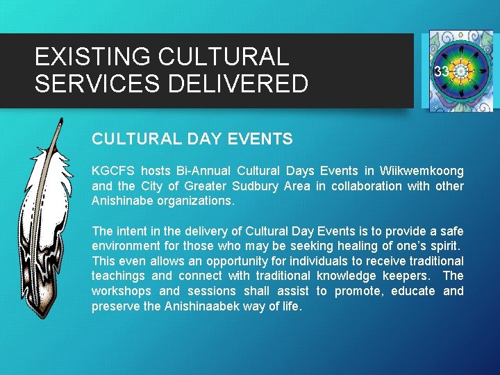 EXISTING CULTURAL SERVICES DELIVERED 33 CULTURAL DAY EVENTS KGCFS hosts Bi-Annual Cultural Days Events