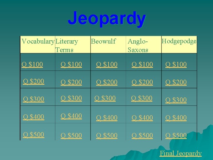 Jeopardy Vocabulary. Literary Terms Beowulf Anglo. Saxons Hodgepodge Q $100 Q $100 Q $200