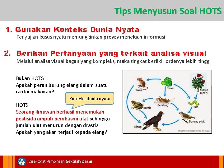 Tips Menyusun Soal HOTS 1. Gunakan Konteks Dunia Nyata Penyajian kasus nyata memungkinkan proses