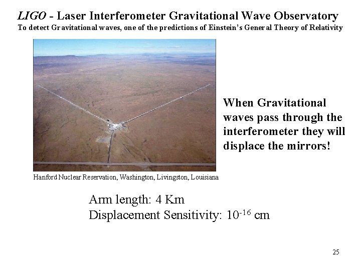 LIGO - Laser Interferometer Gravitational Wave Observatory To detect Gravitational waves, one of the