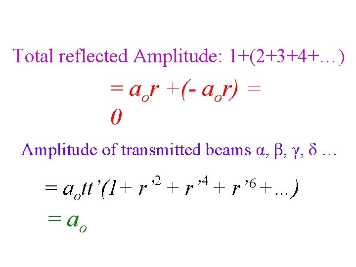 Total reflected Amplitude: 1+(2+3+4+…) = aor +(- aor) = 0 Amplitude of transmitted beams