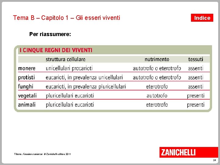 Tema B – Capitolo 1 – Gli esseri viventi Indice Per riassumere: Tibone, Facciamo