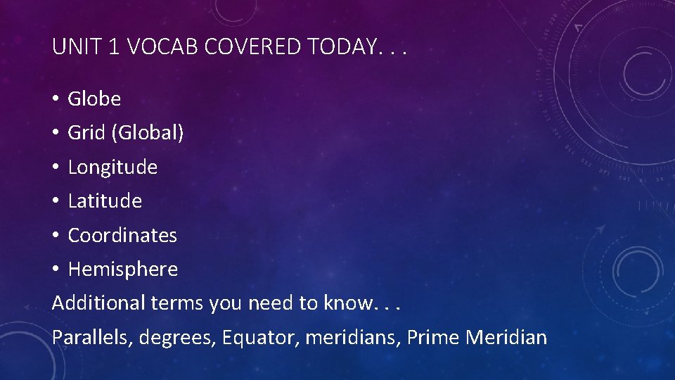 UNIT 1 VOCAB COVERED TODAY. . . • Globe • Grid (Global) • Longitude