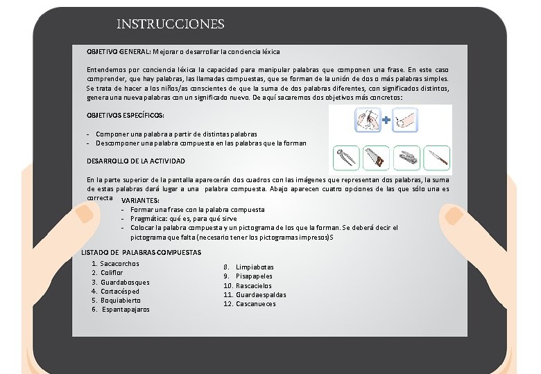 INSTRUCCIONES OBJETIVO GENERAL: Mejorar o desarrollar la conciencia léxica Entendemos por conciencia léxica la