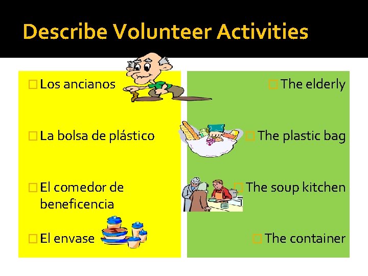 Describe Volunteer Activities � Los ancianos � La bolsa de plástico � El comedor