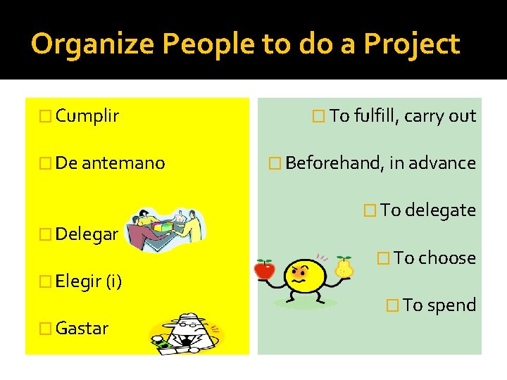 Organize People to do a Project � Cumplir � De antemano � Delegar �