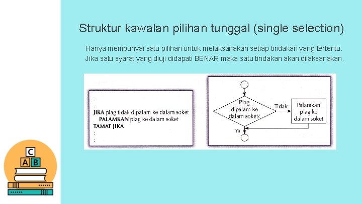 Struktur kawalan pilihan tunggal (single selection) Hanya mempunyai satu pilihan untuk melaksanakan setiap tindakan Struktur kawalan pilihan tunggal (single selection) Hanya mempunyai satu pilihan untuk melaksanakan setiap tindakan