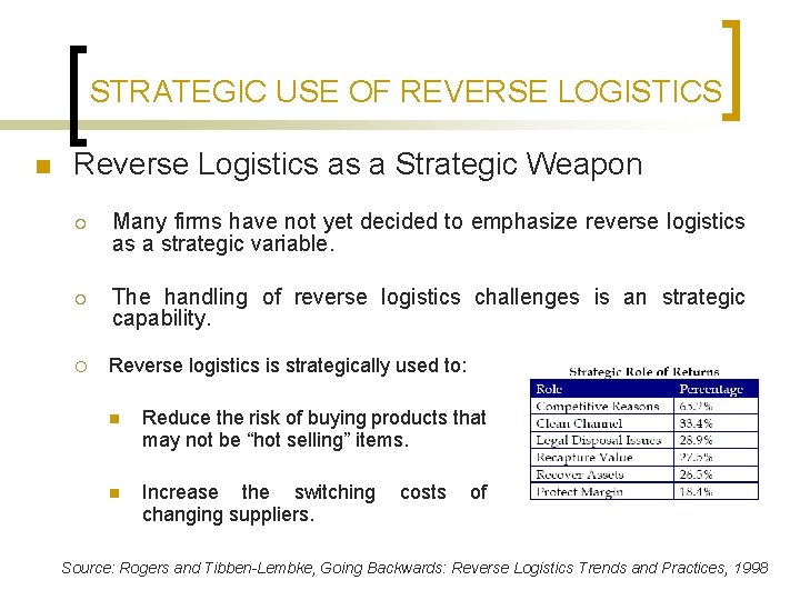 STRATEGIC USE OF REVERSE LOGISTICS n Reverse Logistics as a Strategic Weapon ¡ Many