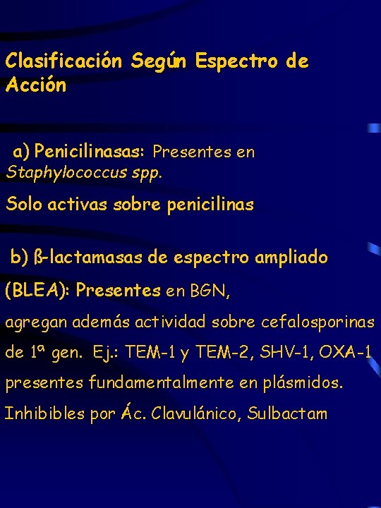 Clasificación Según Espectro de Acción a) Penicilinasas: Presentes en Staphylococcus spp. Solo activas sobre