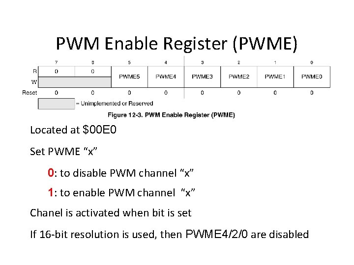 PWM Enable Register (PWME) Located at $00 E 0 Set PWME “x” 0: to