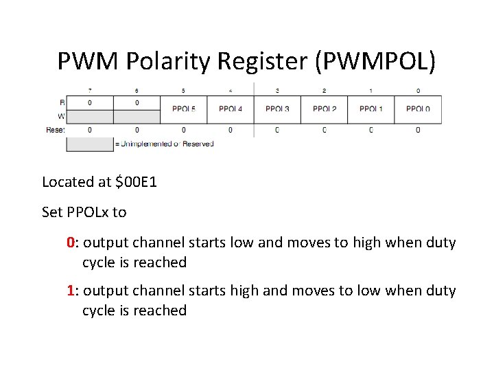 PWM Polarity Register (PWMPOL) Located at $00 E 1 Set PPOLx to 0: output