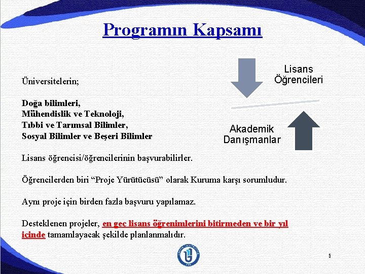 Programın Kapsamı Üniversitelerin; Doğa bilimleri, Mühendislik ve Teknoloji, Tıbbi ve Tarımsal Bilimler, Sosyal Bilimler