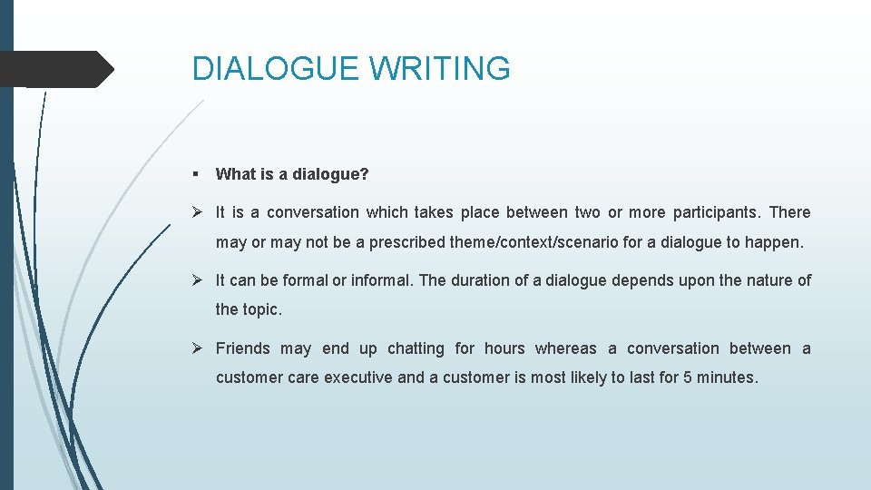 DIALOGUE WRITING § What is a dialogue? Ø It is a conversation which takes