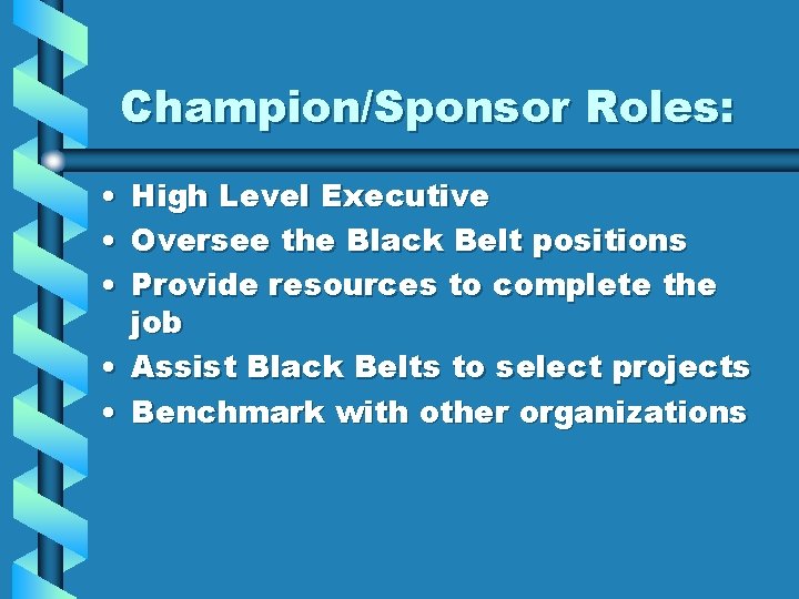 Champion/Sponsor Roles: • High Level Executive • Oversee the Black Belt positions • Provide