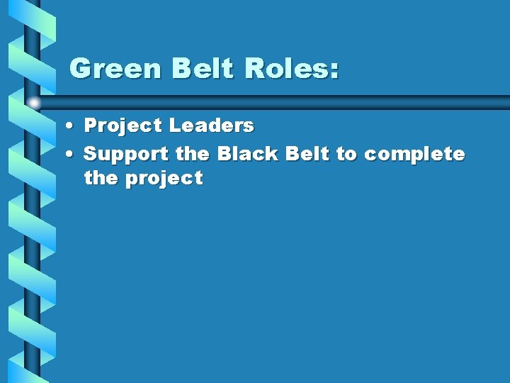 Green Belt Roles: • Project Leaders • Support the Black Belt to complete the