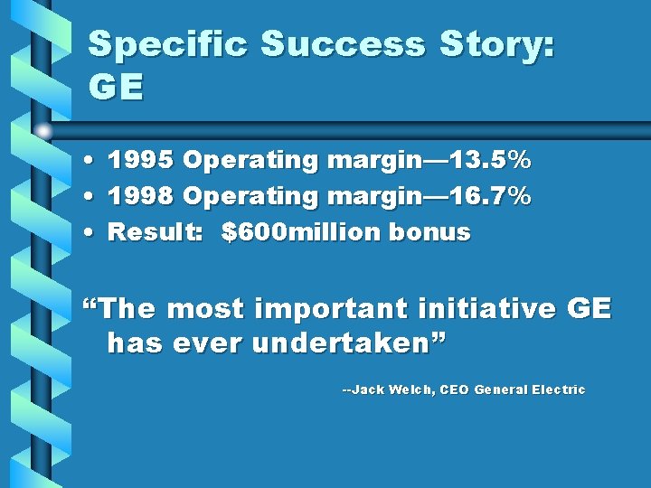 Specific Success Story: GE • 1995 Operating margin— 13. 5% • 1998 Operating margin—