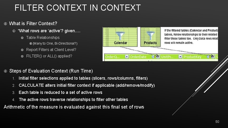 FILTER CONTEXT IN CONTEXT What is Filter Context? “What rows are ‘active’? given…. Table