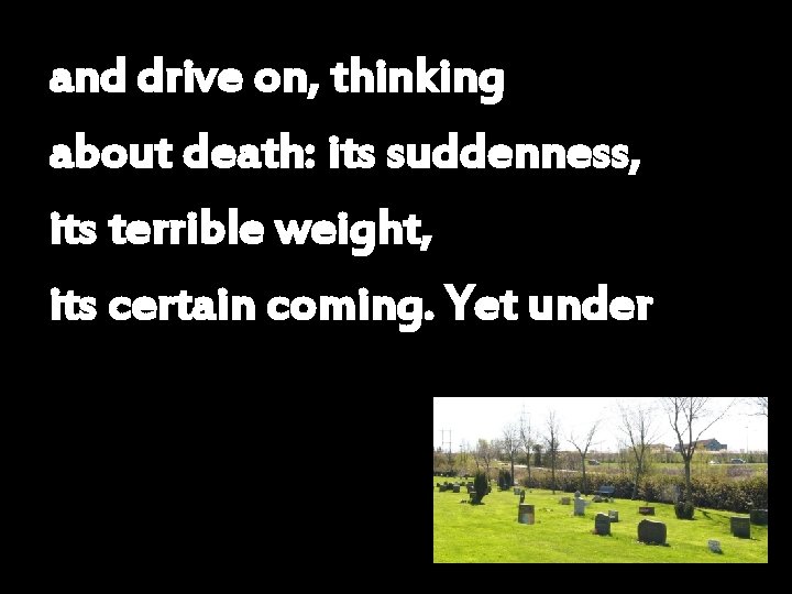 and drive on, thinking about death: its suddenness, its terrible weight, its certain coming.