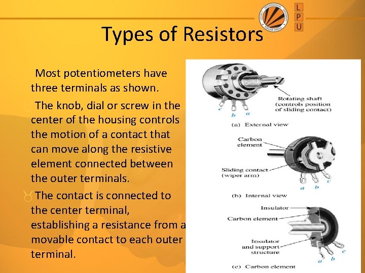 Types of Resistors Most potentiometers have three terminals as shown. The knob, dial or