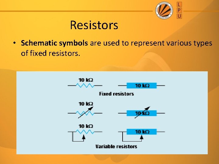 Resistors • Schematic symbols are used to represent various types of fixed resistors. 