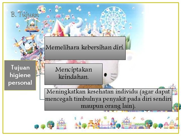 B. Tujuan Memelihara kebersihan diri. Tujuan higiene personal Menciptakan keindahan. Meningkatkan kesehatan individu (agar