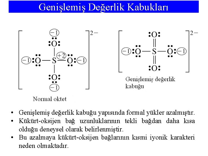 Genişlemiş Değerlik Kabukları • Genişlemiş değerlik kabuğu yapısında formal yükler azalmıştır. • Kükürt-oksijen bağ