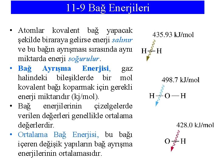 11 -9 Bağ Enerjileri • Atomlar kovalent bağ yapacak şekilde biraraya gelirse enerji salınır