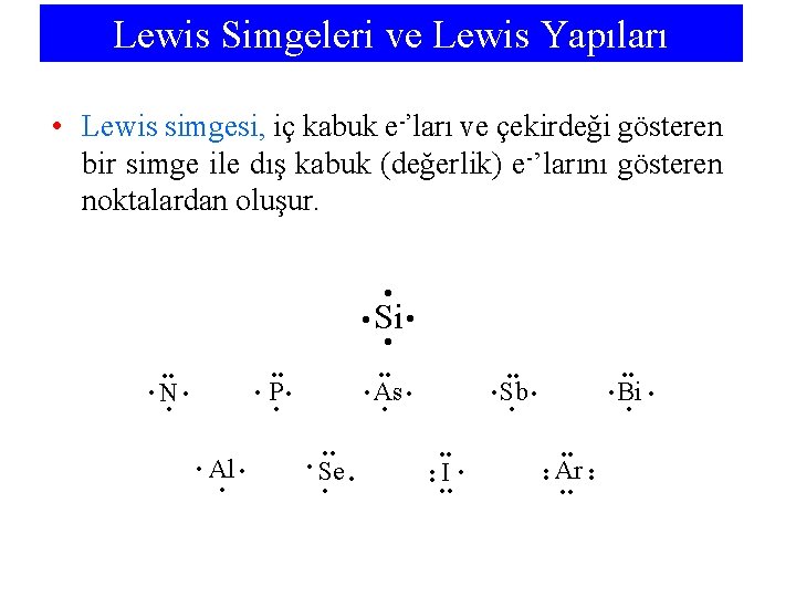 Lewis Simgeleri ve Lewis Yapıları • Lewis simgesi, iç kabuk e-’ları ve çekirdeği gösteren