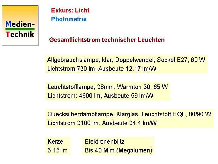 Medien. Technik Exkurs: Licht Photometrie Gesamtlichtstrom technischer Leuchten Allgebrauchslampe, klar, Doppelwendel, Sockel E 27,