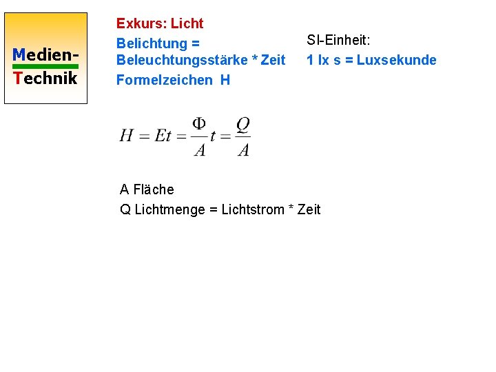 Medien. Technik Exkurs: Licht Belichtung = Beleuchtungsstärke * Zeit Formelzeichen H SI-Einheit: 1 lx