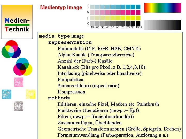 Medientyp Image Medien. Technik media type image representation Farbmodelle (CIE, RGB, HSB, CMYK) Alpha-Kanäle