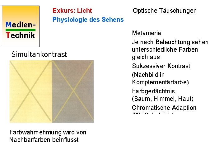 Medien. Technik Exkurs: Licht Physiologie des Sehens Simultankontrast Farbwahrnehmung wird von Nachbarfarben beinflusst Optische