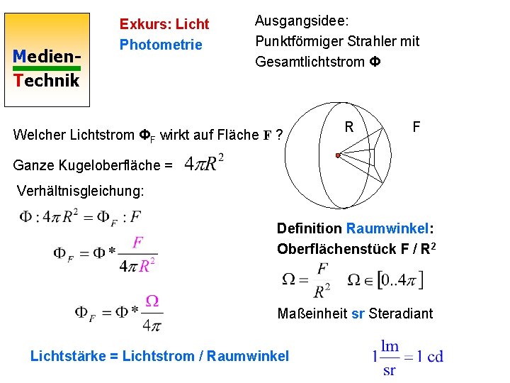 Medien. Technik Exkurs: Licht Photometrie Ausgangsidee: Punktförmiger Strahler mit Gesamtlichtstrom Φ Welcher Lichtstrom ΦF