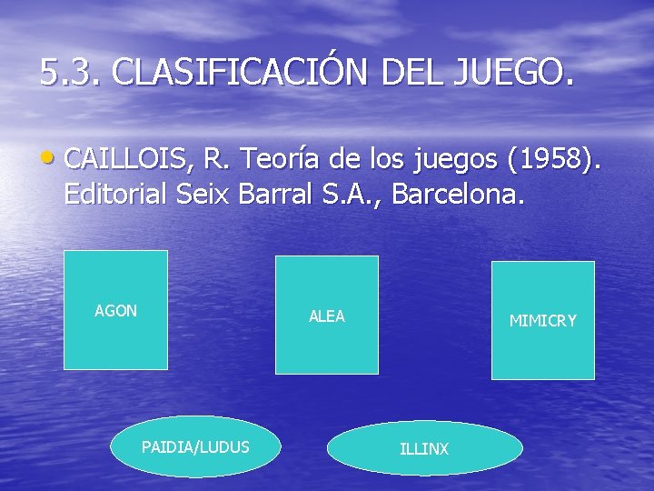 5. 3. CLASIFICACIÓN DEL JUEGO. • CAILLOIS, R. Teoría de los juegos (1958). Editorial 5. 3. CLASIFICACIÓN DEL JUEGO. • CAILLOIS, R. Teoría de los juegos (1958). Editorial