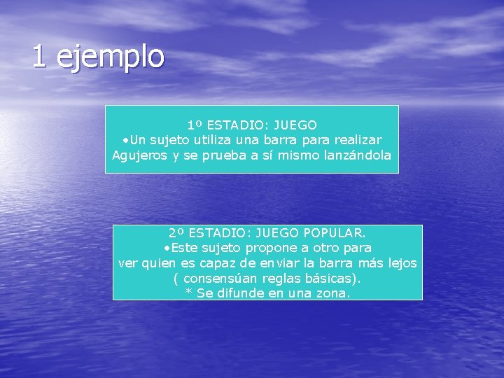 1 ejemplo 1º ESTADIO: JUEGO • Un sujeto utiliza una barra para realizar Agujeros 1 ejemplo 1º ESTADIO: JUEGO • Un sujeto utiliza una barra para realizar Agujeros