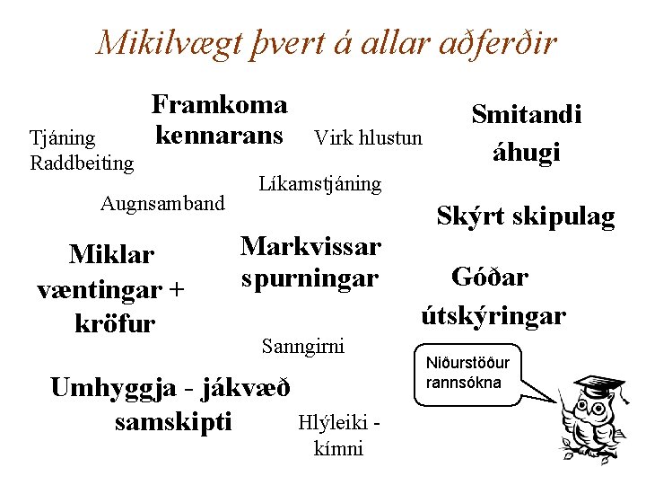 Mikilvægt þvert á allar aðferðir Tjáning Raddbeiting Framkoma kennarans Augnsamband Miklar væntingar + kröfur