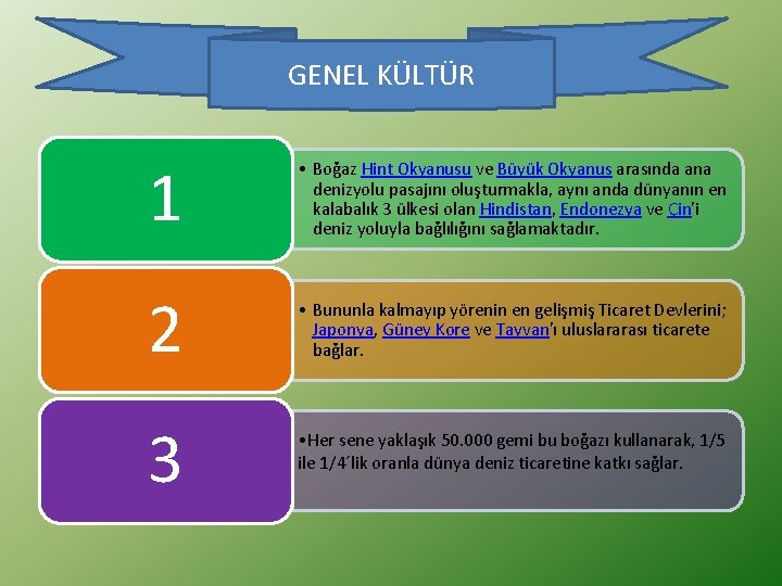 GENEL KÜLTÜR 1 • Boğaz Hint Okyanusu ve Büyük Okyanus arasında ana denizyolu pasajını